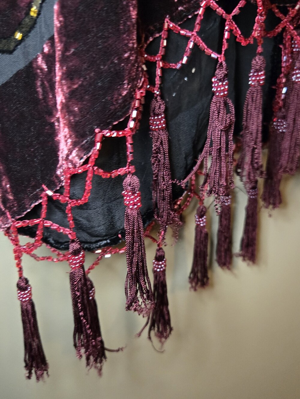 R&K Originals Women's 1X Silk Burnout Velvet Kimono Cardigan Burgundy Fringe - Picture 16 of 16